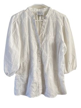 Hester & Orchard Anthropologie Embroidered Cotton Womens Button Down Shirt White